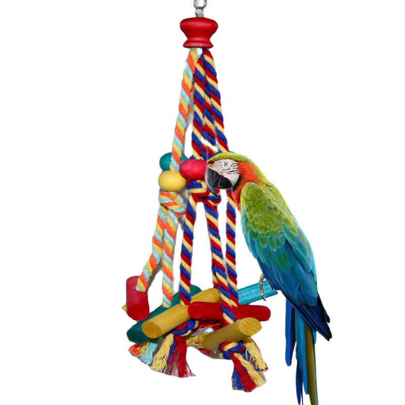 Parrot Chew Toy with Wooden Blocks & Cotton Rope – Hanging Bird Cage Enrichment Toy for Parrots, Cockatiels, Lovebirds & Small Birds