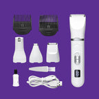 Set of grooming tools including a white hair trimmer with attachments on a white background