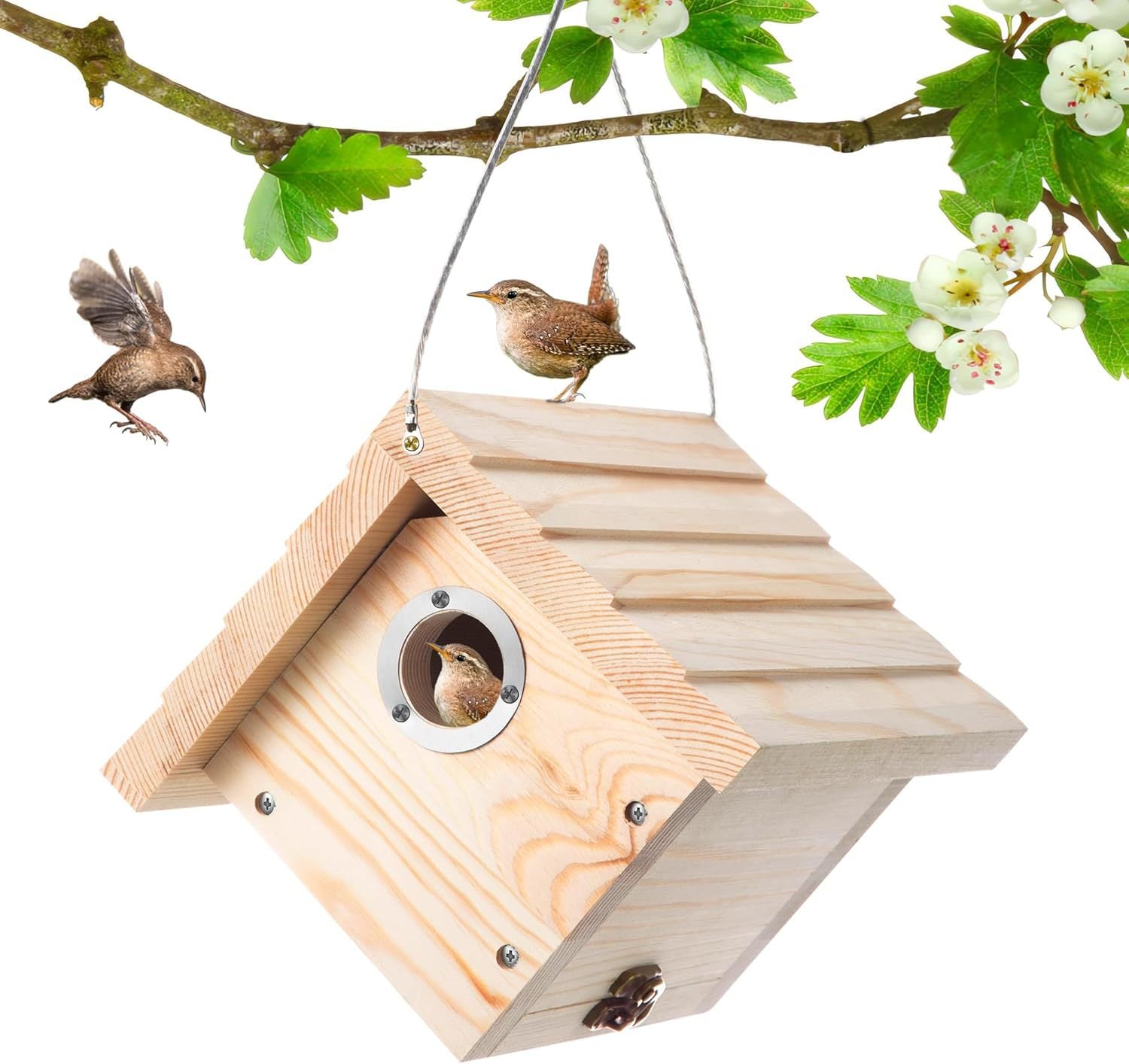 Wooden Hanging Birdhouse & Bird Feeder for Outdoor Gardens – Natural Wood Bird Shelter for Wild Birds and Backyard Wildlife