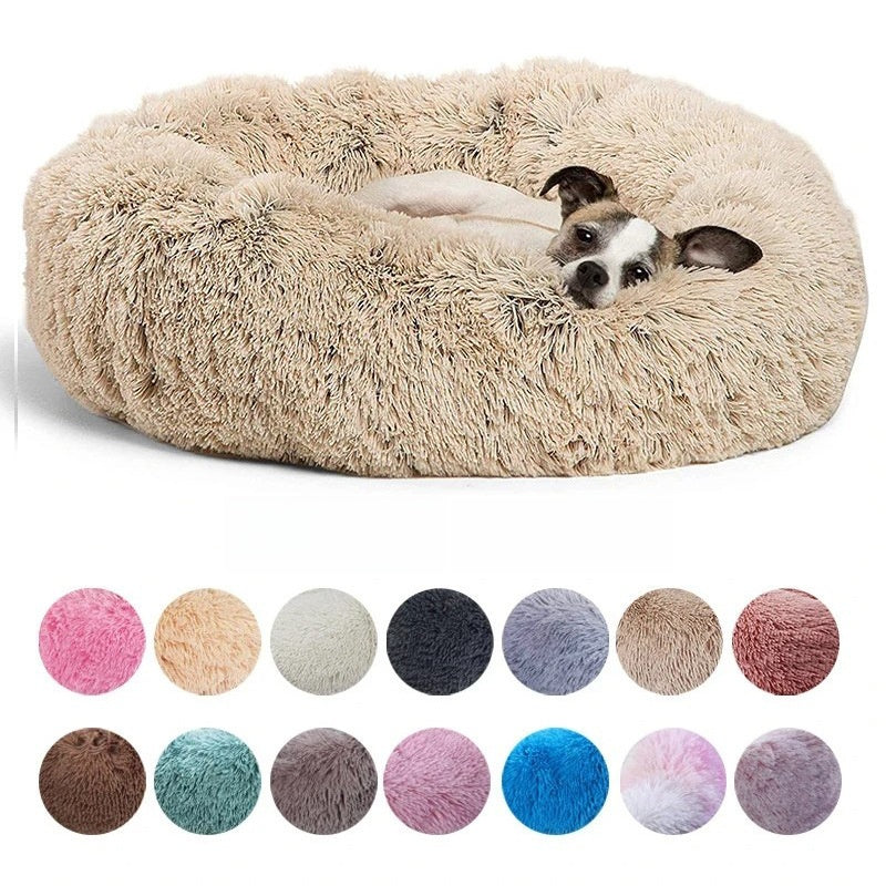 Plush Round Machine-Washable Calming Pet Bed for Dogs & Cats | Soft Long Plush Warm Sleeping Cushion