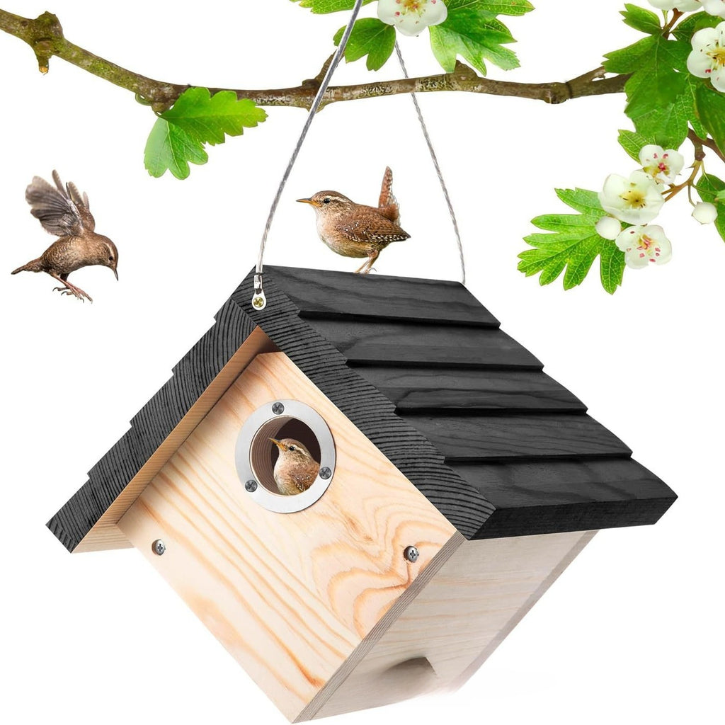 Wooden Hanging Birdhouse & Bird Feeder for Outdoor Gardens – Natural Wood Bird Shelter for Wild Birds and Backyard Wildlife