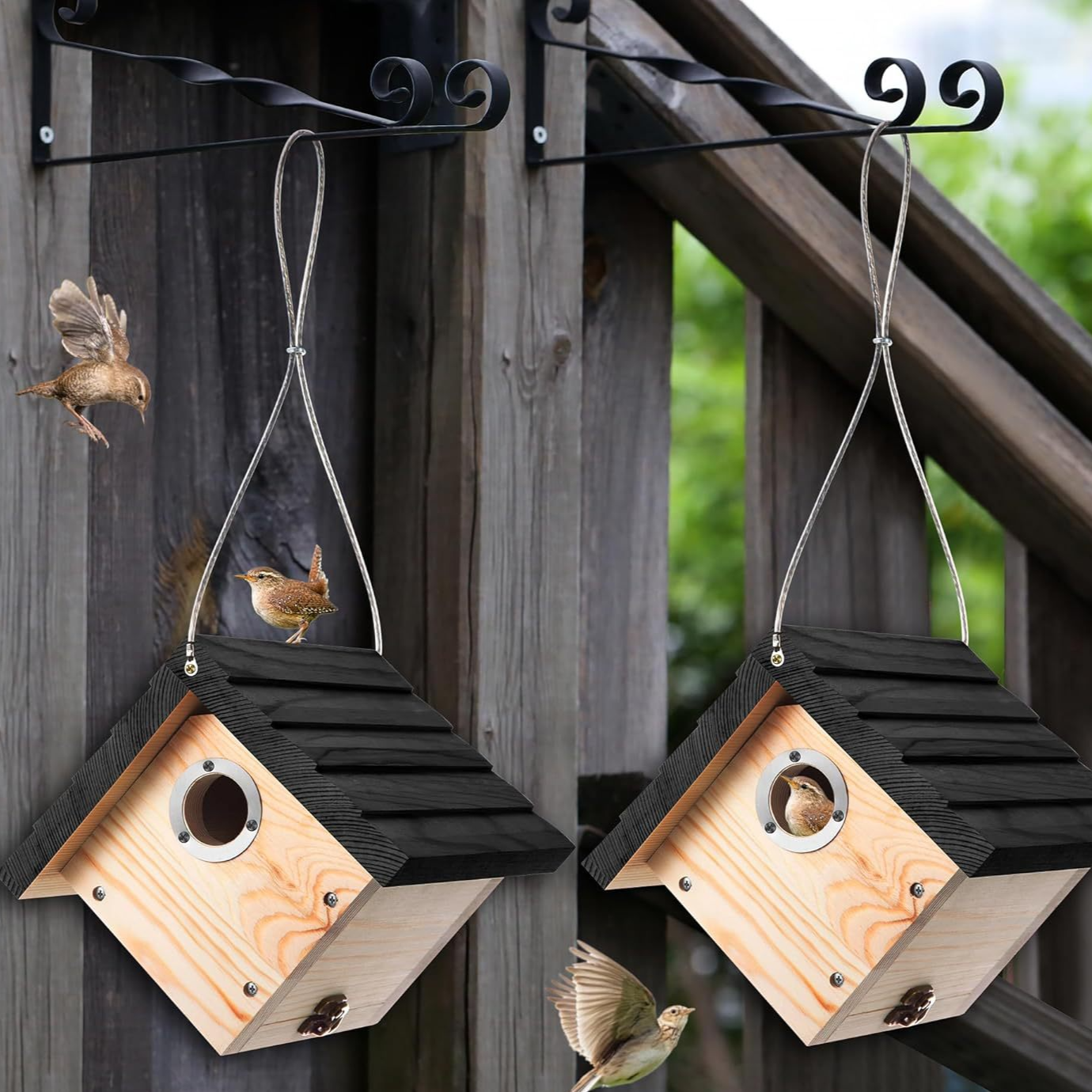 Wooden Hanging Birdhouse & Bird Feeder for Outdoor Gardens – Natural Wood Bird Shelter for Wild Birds and Backyard Wildlife