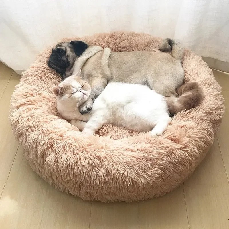 Plush Round Machine-Washable Calming Pet Bed for Dogs & Cats | Soft Long Plush Warm Sleeping Cushion