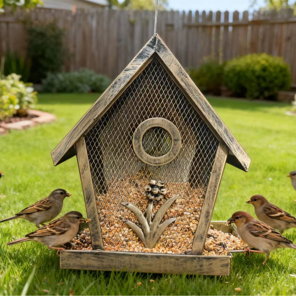 Decorative Bronze Metal Bird Feeder for Garden & Patio – Weather-Resistant Hanging Hummingbird Feeder for Outdoor Bird Watching