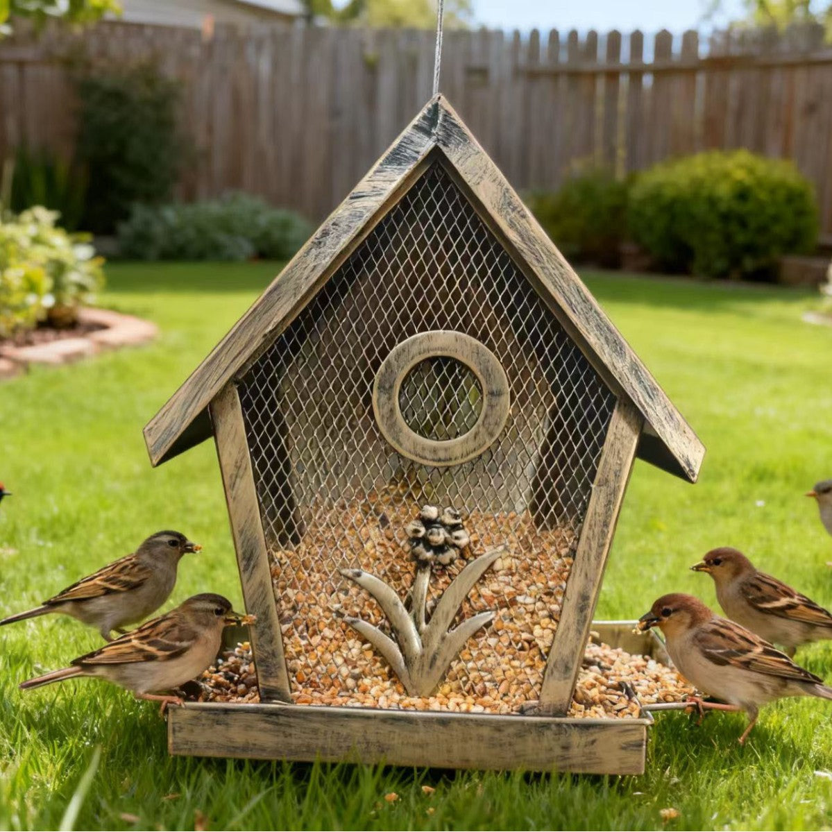 Decorative Bronze Metal Bird Feeder for Garden & Patio – Weather-Resistant Hanging Hummingbird Feeder for Outdoor Bird Watching
