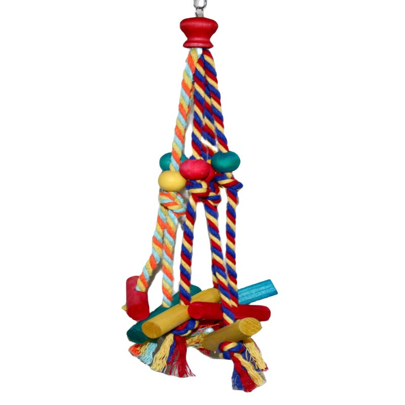 Parrot Chew Toy with Wooden Blocks & Cotton Rope – Hanging Bird Cage Enrichment Toy for Parrots, Cockatiels, Lovebirds & Small Birds