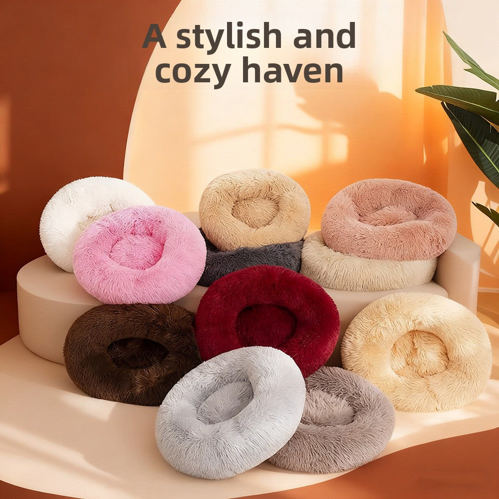 Plush Round Machine-Washable Calming Pet Bed for Dogs & Cats | Soft Long Plush Warm Sleeping Cushion